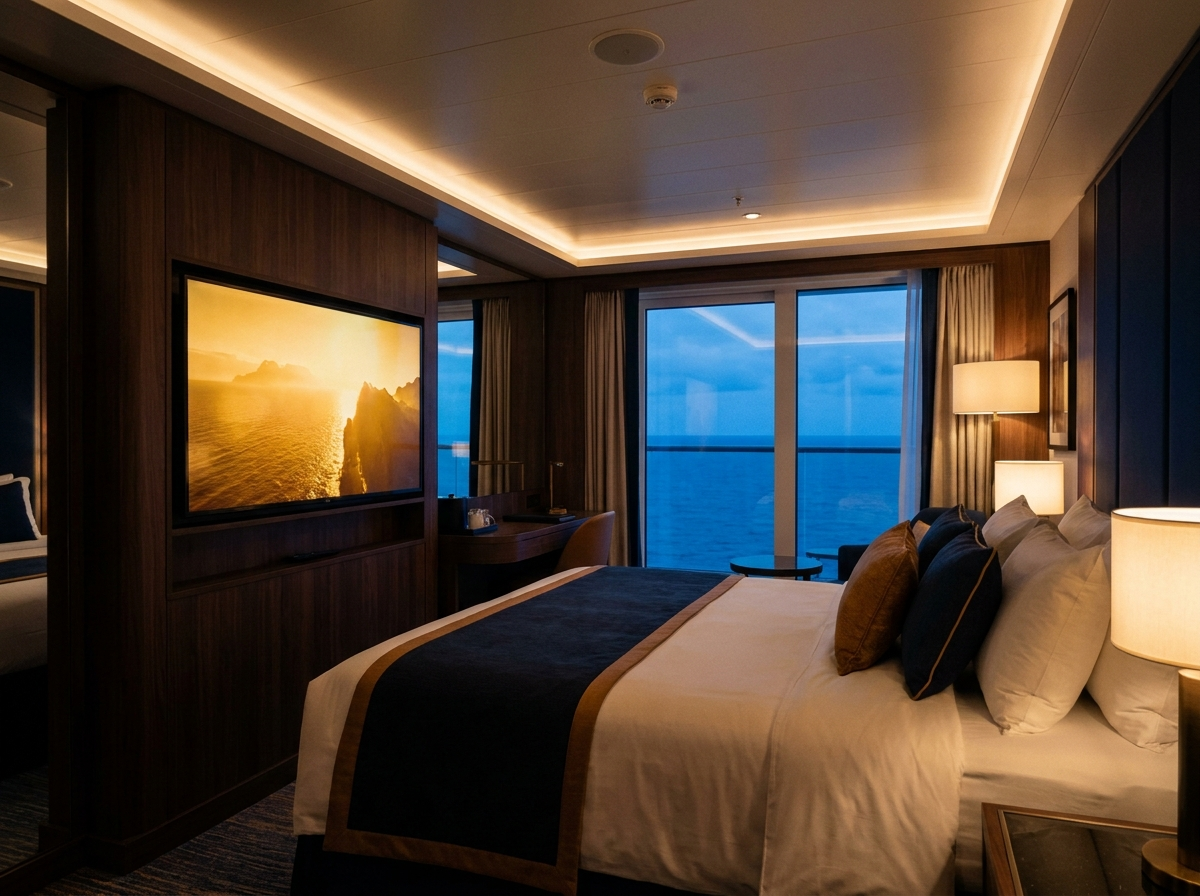 Cruise cabin with TV playing premium content